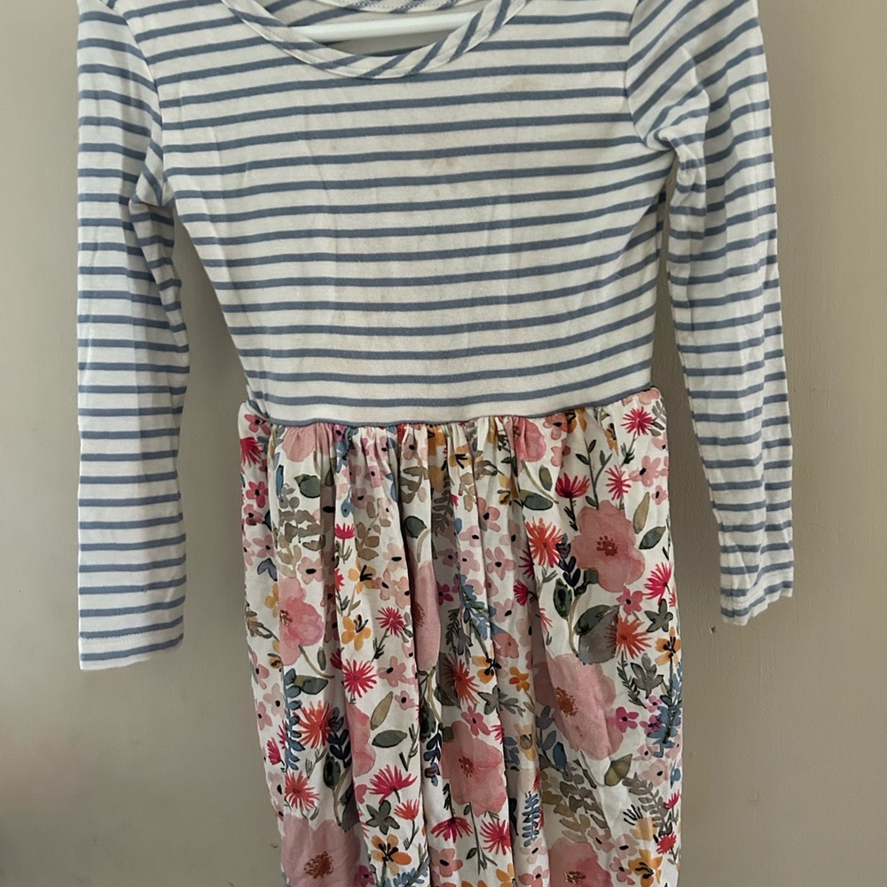 Little Sleepies PLAY. Twirl Dress in Blue & White Striped Top with Floral Skirt